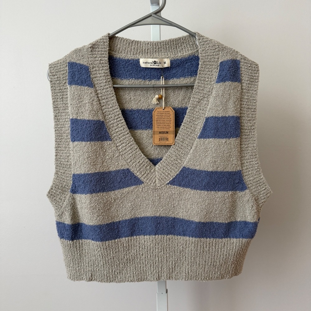 Natural Life Cotton Boho Coastal Relaxed Preppy Striped Sweater Vest M Gray NWT